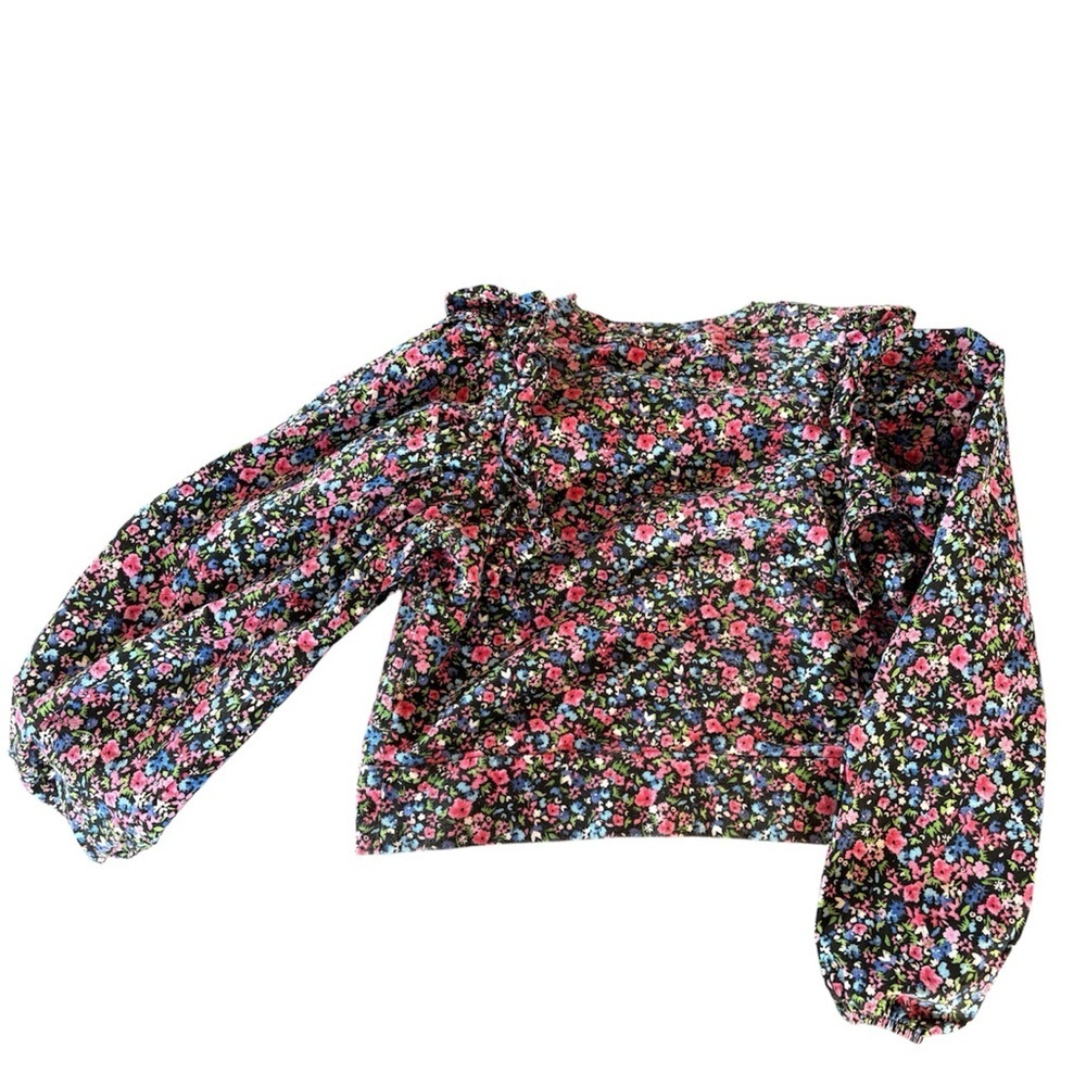 Zara Mexico Black Pink Green Floral Cotton Puff Long Sleeve Ruffle Blouse M